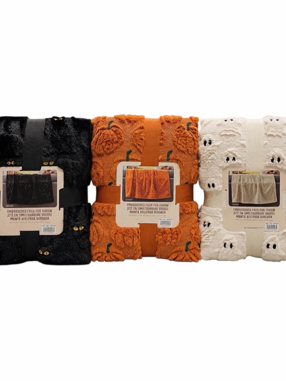 NWT Viral Costco Halloween Faux Fur Throw Blankets Lot of 3 Ghost Cat Pumpkin